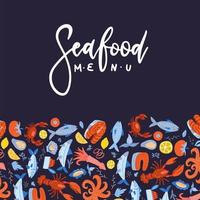 Seafood menu design for restaurant or cafe. Vector flat template with pattern decor and hand drawn lettering text.