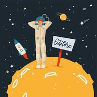 Male astronaut in spacesuit stand on surface of moon with holding a signboard Explore. Space background with the silhouette of the rocket amd planets. Flat vector illustration.