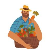 Middle aged man-farmer with beard wearing denim and hat with basket of different vegetables. Vector flat hand drawn illustration