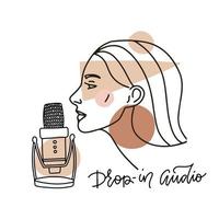 Female face in profile speaking in mic. Trendy abstract linear concept online speaking. Drop-in audio lettering text. Outline hand drawn vector illustration in beige pastel colors.