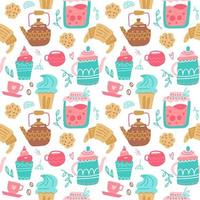 Tea time seamless pattern. Tea party wrapping paper design. Hand drawn doodle illustration with teapots, cups and sweets on white background. vector