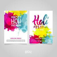 Set of Holi Festival a4 backgrounds with abstract colorful rainbow paint splashes. Poster, brochure, banner or flyer template design with lettering Happy Holi Festival with sample text vector