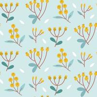 Forest inspiration seamless pattern with yellow berry, branches and leaves. Christmas botanical background. Flat simple stylish template for invitations, textile, wrapping paper. Vector illustration.