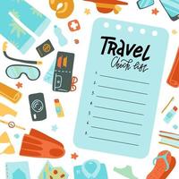 Airplane trip essentials. Traveling check list for carry-on bag for flight with passport and ticket, smartphone and , notebook and credit card and holiday equipment. Flat vector illustration