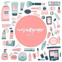 The set of hand drawn beauty and wellness items. Vector objects for your design with custom lettering. Collection of make up and cosmetics. Top view composition. hand drawn flat illustration.