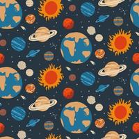 Cool galaxy planets and stars space seamless pattern with Earth, Moon, Venus, Mars, Jupiter, Saturn and more. Ideal for wrapping paper, website background, fabric. Hand drawn flat vector illustration