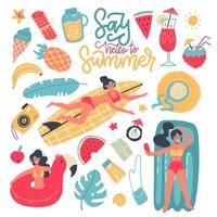 Summer party set of elements, clip art collection. Seaside beach pool party. Young women, drinks, fruits, animals, clothing. Flat colourful vector illustration icon sticker isolated on background.
