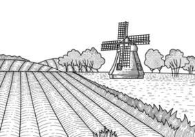 Dashed outline of the summer landscape with windmill. Rural dutch landscape with mill and field. Bakery shop, organic agricultural production, eco food. Vector hand drawn vintage engraved sketch.