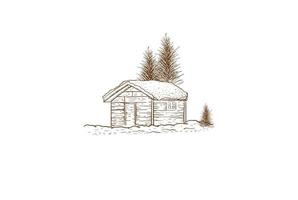 Retro Vintage Hand Drawn Wooden Cabin Chalet Cottage with Snow Logo Design Vector