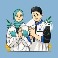 Ramadan kareem couple welcoming ramadhan month vector illustration free download