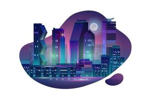 Night City Panorama with Neon Glow on Dark Background. Vector. vector