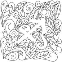 coloring page using negative space, silhouette of the zodiac sign Sagittarius, doodle patterns of leaves and curls, vector outline illustration