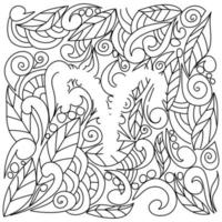 coloring page using negative space, silhouette of the zodiac sign Aries, doodle patterns of leaves and curls, vector outline illustration