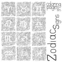 set of coloring pages zodiac signs drawing using doodle motifs, foliage patterns and negative space, vector outline illustrations