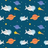 cute shark flying in the space with Saturn and star around fabric seamless cute pattern vector