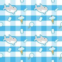 cute shark in blue and white background with sweets around fabric seamless cute pattern vector