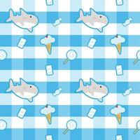 cute shark in blue and white background with sweets around fabric seamless cute pattern vector