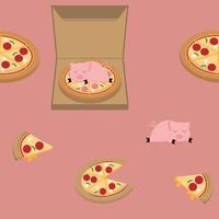 cerdo durmiendo en la pizza en un lindo patrón sin costuras de tela de dibujos animados vector
