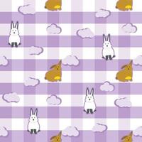 rabbit and cloud cute fabric seamless cute pattern in purple and white background vector