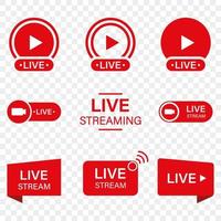 Live Stream Sign Set on Transparent Background. Red Symbol of Online News, Show, Channel Television. Online Broadcast Pictogram. Live Stream Icon. Isolated Vector Illustration.