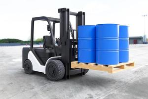 The forklift truck is lifting oil barrels photo