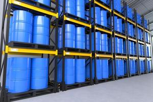 barriles azules en el almacén, stock de almacenamiento, almacén químico. foto