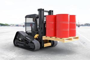 The forklift truck is lifting oil barrels on white background photo