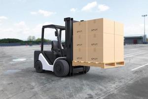 Forklift truck is lifting a pallet with cardboard boxes photo