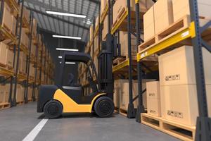 Forklift is lifting a wooden pallet in a warehouse