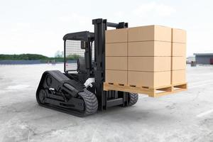 Forklift truck is lifting a pallet with cardboard boxes photo