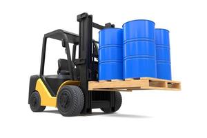 The forklift truck is lifting oil barrels on white background photo