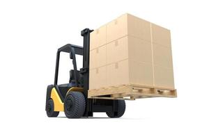 The forklift truck is lifting a pallet with cardboard boxes on white background photo