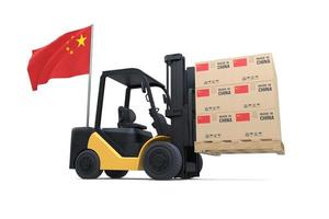Forklift truck is lifting a pallet with a Cardboard box Made in China photo