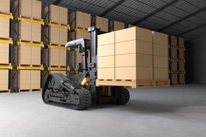 Forklift is lifting a wooden pallet in a warehouse