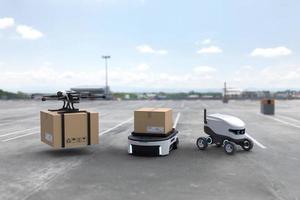 Autonomous delivery robot, Self-driving robot, Delivery drone, Business air transportation concept. photo