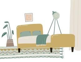 The interior of the bedroom is in the Scandinavian style, boho in yellow and green pastel colors. Side view concept. Vector flat illustration of a bedroom pillows, floor lamp, carpet, plants.