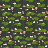 Seamless pattern with carp and lotus on a dark blue background. Side view floral backdrop for decoration of textiles, packaging and web design. vector