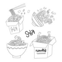 Set of Soba noodle in bowl and boxes. Flat line style vector illustration isolated on white background. Linear doodle collection.