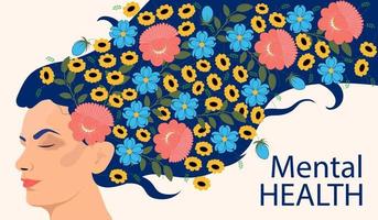 Mental health. Happy woman with flowers inside her head. vector