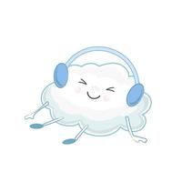 Cute cartoon cloud listening to music with headphones.. Cartoon vector illustration. Kawaii, children's isolated vector illustration.  Cloud illustration.