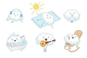 A set of cute cartoon clouds. Cloud bathes in the bathroom, sunbathes, plays guitar and sings, sits in the lotus position, listens to music with headphones, drinks a cocktail in a rocking chair. vector