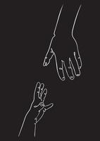 Two hands reaching out one contiguous line in a black background vector illustration