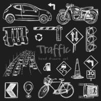 Hand drawn traffic doodle set. Vector illustration. Elements isolated on a black background. Symbol collection.