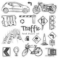 Hand drawn traffic doodle set. Vector illustration. Elements isolated on a white background. Symbol collection.