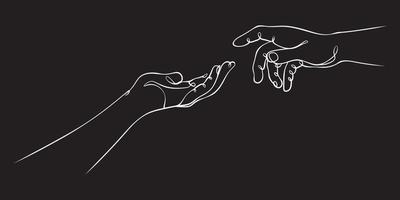 Two hands reaching out one contiguous line in a black background vector illustration