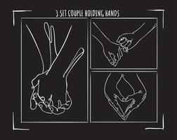 3 set couple holding hands in one continuous line vector drawing on black background