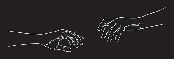 Two hands reaching out one contiguous line in a black background vector illustration