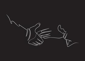 two hands come close to shake hands to cooperate, one line contagious line vector illustration on black background