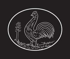 Rooster hand-drawn black and white vector logo on black background