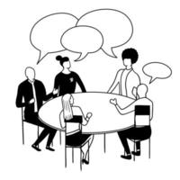 Business teamwork meeting discussion at the round table black and white vector illustration